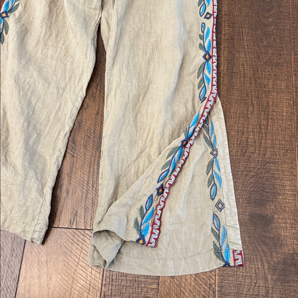 Johnny Was JW Los Angeles Side Slit Linen Embroidered Pants - Picture 4 of 9